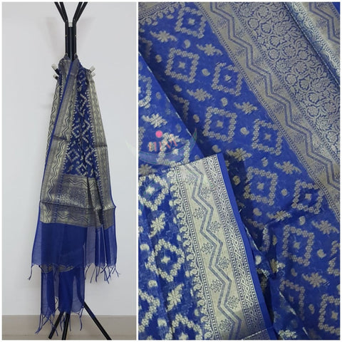 Royal blue chenderi  benaras brocade duppata with all over jacquard weaving.