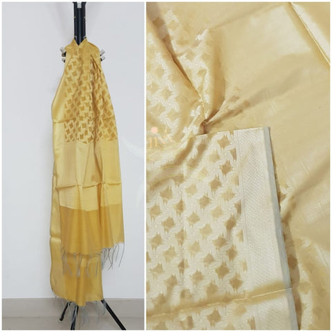Golden yellow chenderi benaras brocade duppata with all over jacquard weaving.