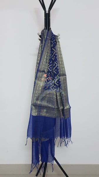 Royal blue chenderi  benaras brocade duppata with all over jacquard weaving.