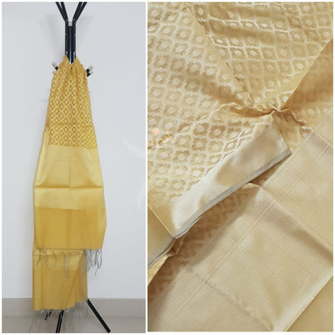 Golden yellow chenderi  benaras brocade duppata with all over jacquard weaving.