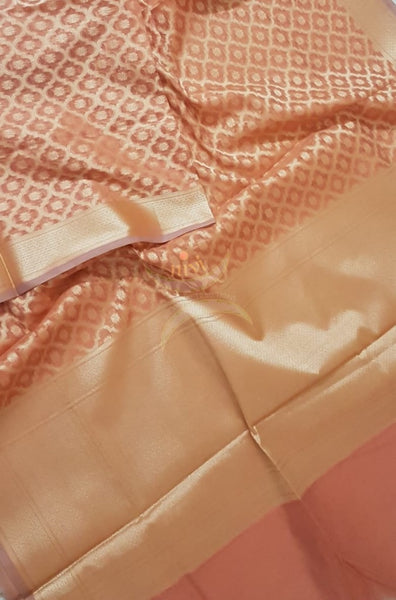 Peach chenderi benaras brocade duppata with all over jacquard weaving.