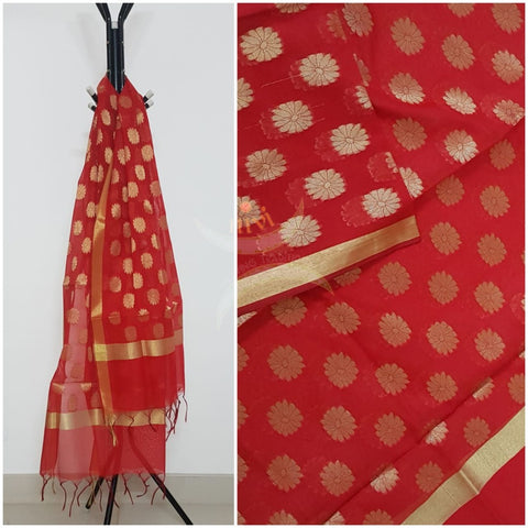 Red chenderi benaras brocade duppata with all over jacquard weaving.