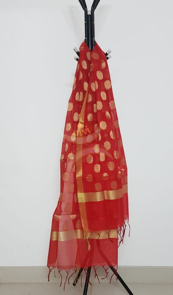 Red chenderi benaras brocade duppata with all over jacquard weaving.