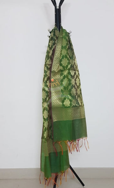 Two tone green chenderi  benaras brocade duppata with all over jacquard weaving.