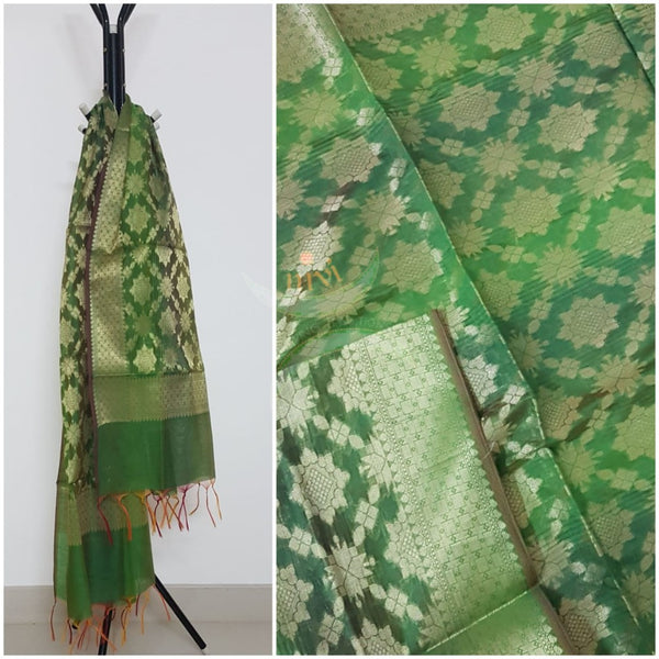 Two tone green chenderi  benaras brocade duppata with all over jacquard weaving.