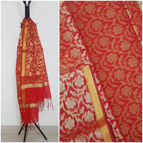 Red chenderi benaras brocade duppata with all over jacquard weaving.