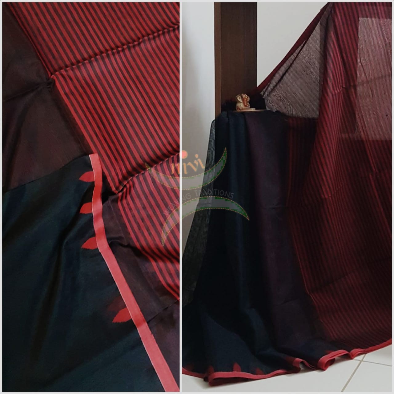 Black bengal cotton handloom with red border and pallu