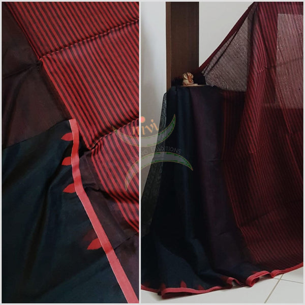 Black bengal cotton handloom with red border and pallu