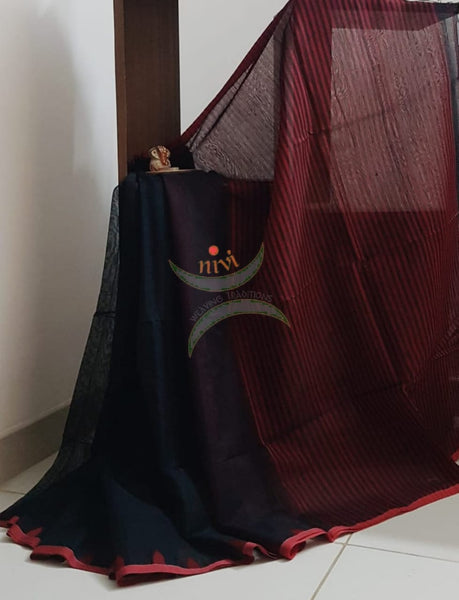Black bengal cotton handloom with red border and pallu