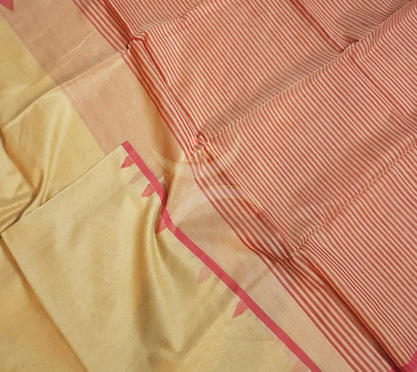 Beige bengal cotton handloom with red border and pallu