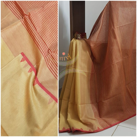 Beige bengal cotton handloom with red border and pallu