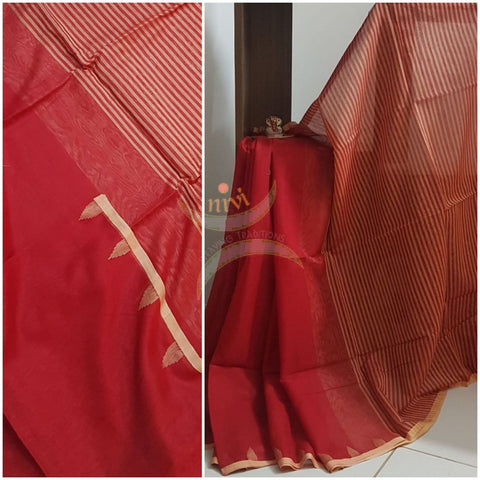 Red bengal cotton handloom with beige  border and pallu
