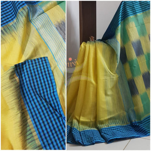 Yellow bengal handloom cotton with checked border and ikat pallu