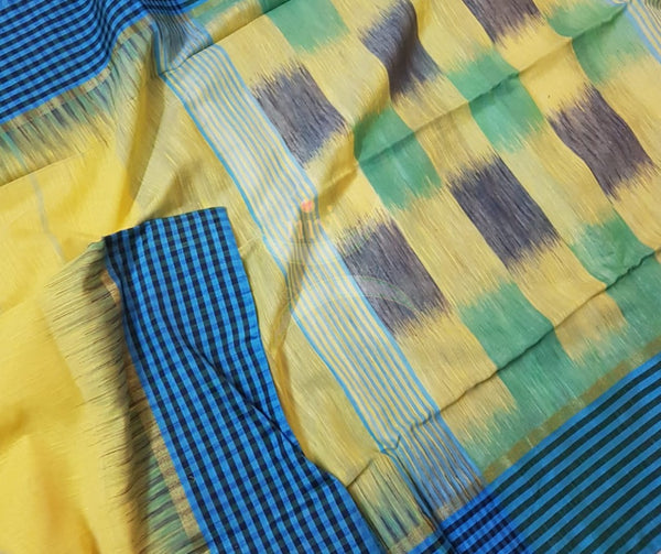 Yellow bengal handloom cotton with checked border and ikat pallu