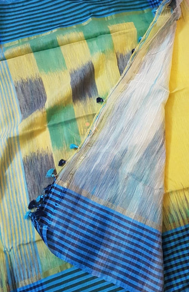 Yellow bengal handloom cotton with checked border and ikat pallu