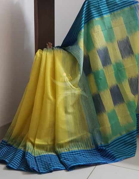 Yellow bengal handloom cotton with checked border and ikat pallu