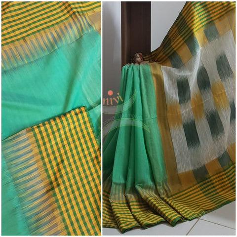 Sea green bengal handloom cotton with checked border and ikat pallu