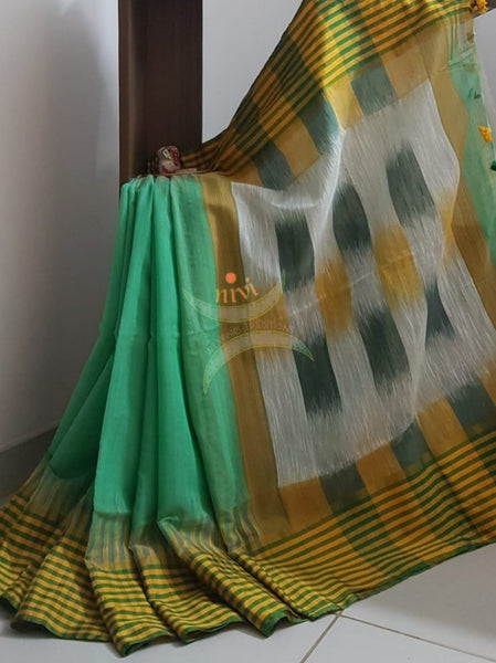 Sea green bengal handloom cotton with checked border and ikat pallu