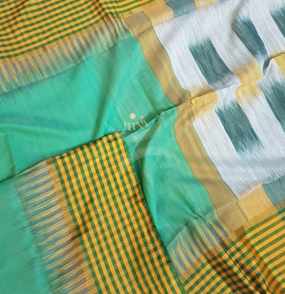 Sea green bengal handloom cotton with checked border and ikat pallu