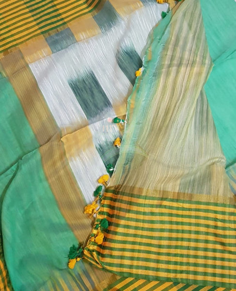 Sea green bengal handloom cotton with checked border and ikat pallu