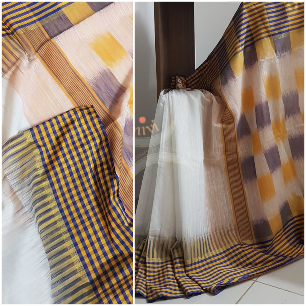 White bengal handloom cotton with checked border and ikat pallu