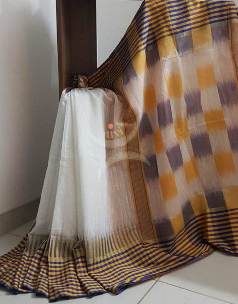 White bengal handloom cotton with checked border and ikat pallu