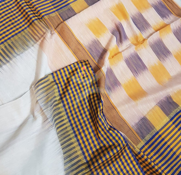 White bengal handloom cotton with checked border and ikat pallu