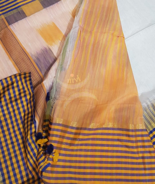 White bengal handloom cotton with checked border and ikat pallu