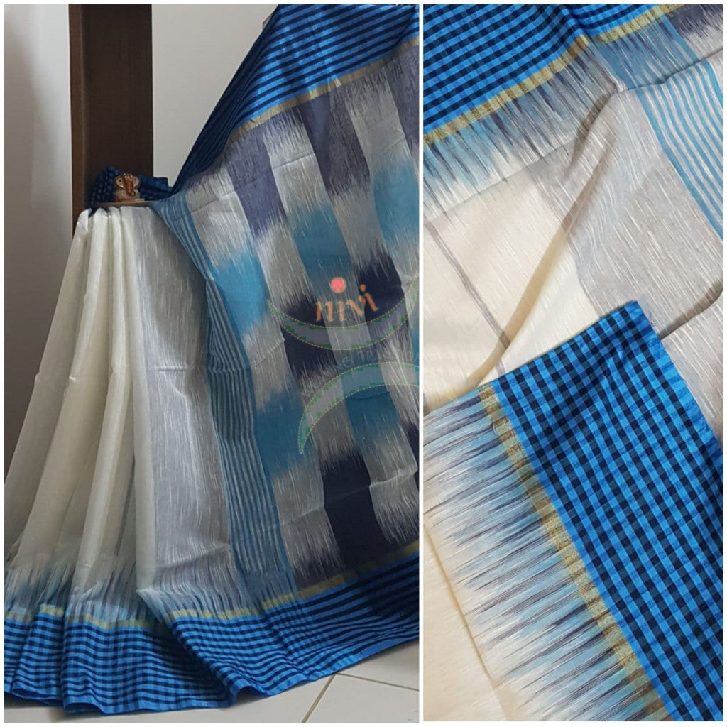Off white bengal handloom cotton with checked border and ikat pallu