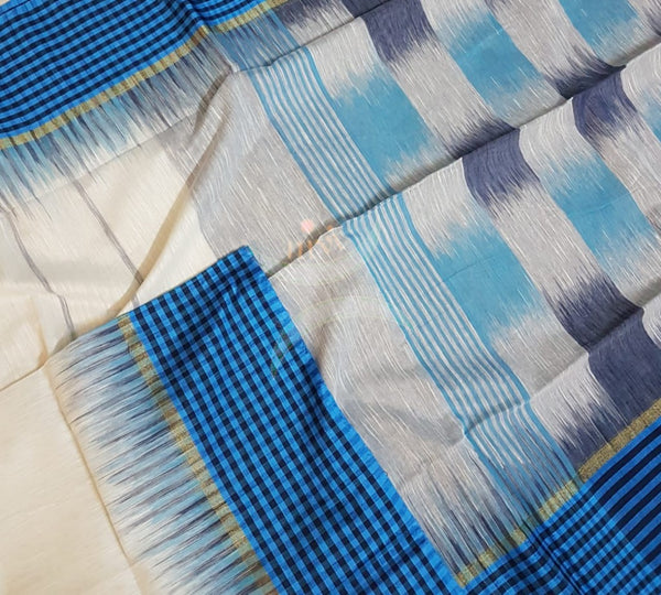 Off white bengal handloom cotton with checked border and ikat pallu