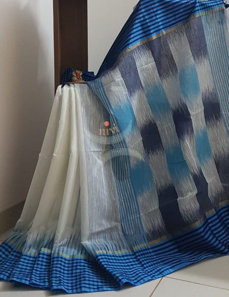 Off white bengal handloom cotton with checked border and ikat pallu