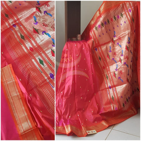 Pink shot orange pure silk handloom paithani
