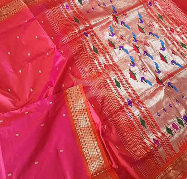Pink shot orange pure silk handloom paithani