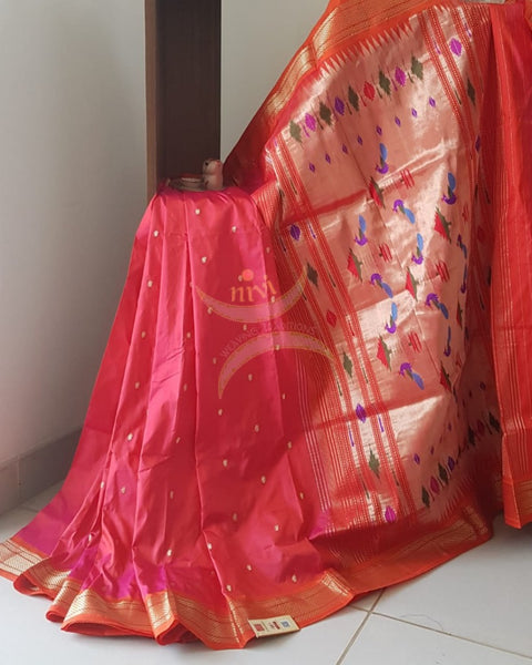 Pink shot orange pure silk handloom paithani