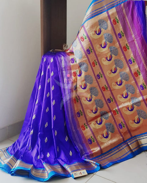 Blue shot purple pure silk handloom paithani