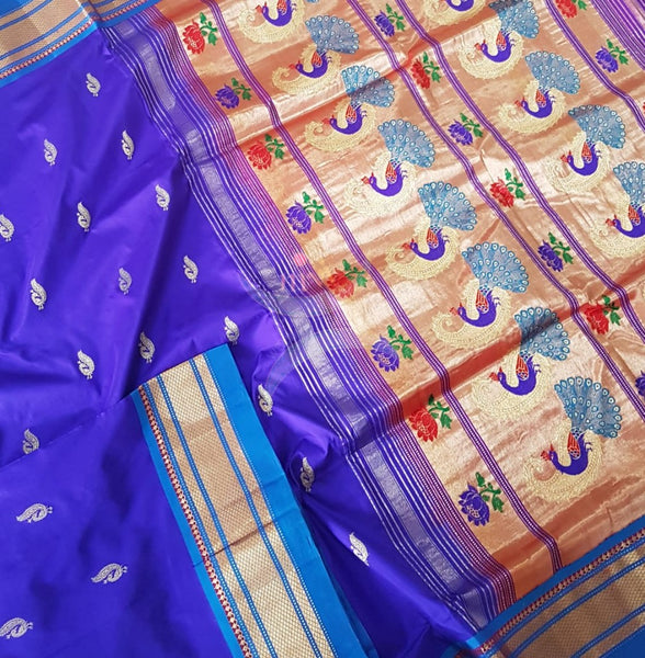 Blue shot purple pure silk handloom paithani