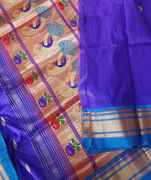 Blue shot purple pure silk handloom paithani