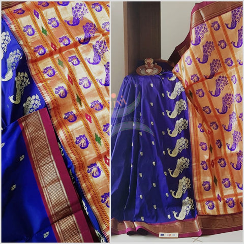Royal blue pure silk handloom paithani