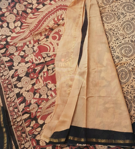 Cream Handloom chanderi hand block printed saree with warli art. Saree comes with plain blouse piece 