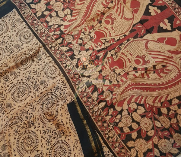 Cream Handloom chanderi hand block printed saree with warli art. Saree comes with plain blouse piece 