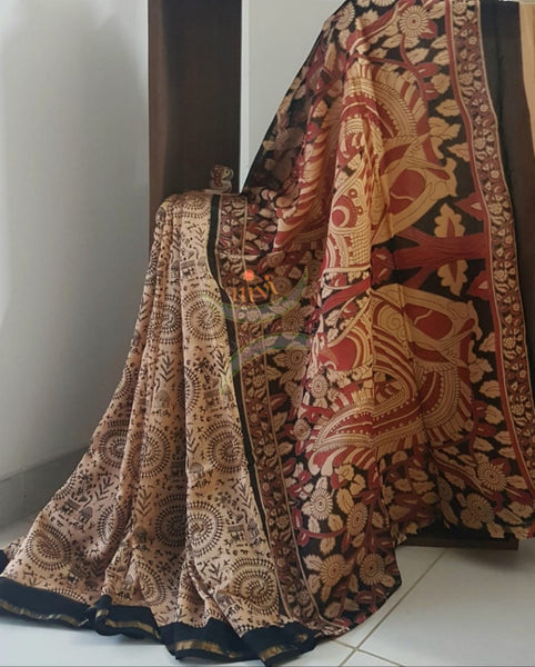 Cream Handloom chanderi hand block printed saree with warli art. Saree comes with plain blouse piece 