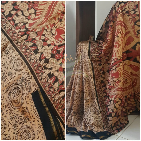 Cream Handloom chanderi hand block printed saree with warli art. Saree comes with plain blouse piece 