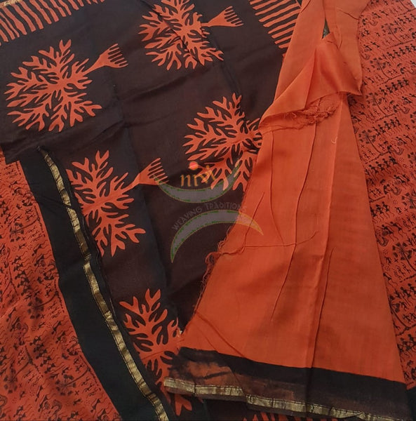 Orange Handloom chanderi hand block printed saree with warli art. Saree comes with warli printed blouse piece 