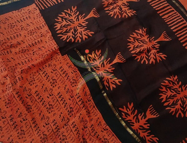 Orange Handloom chanderi hand block printed saree with warli art. Saree comes with warli printed blouse piece 