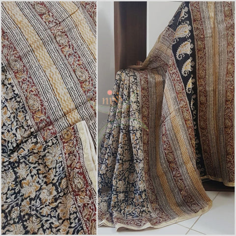Black Handloom chanderi kalamkari. Saree comes with printed kalamkari blouse piece 