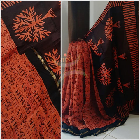 Orange Handloom chanderi hand block printed saree with warli art. Saree comes with warli printed blouse piece 