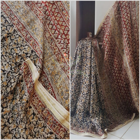 Black Handloom chanderi kalamkari. Saree comes with printed kalamkari blouse piece 