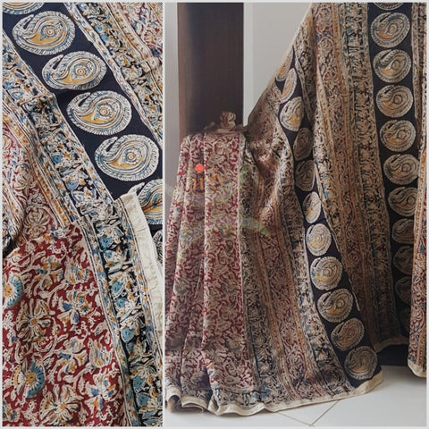 Red Handloom chanderi kalamkari. Saree comes with printed kalamkari blouse piece 
