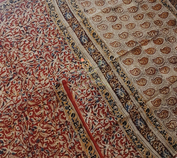 Red chennur silk handloom kalamkari Saree. Saree comes with printed blouse piece.