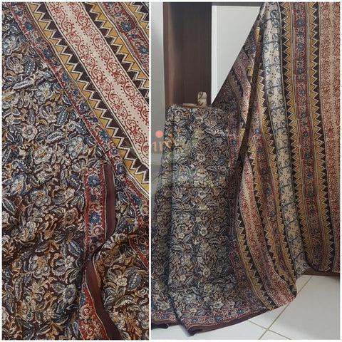 Dark Brown chennur silk handloom kalamkari Saree. Saree comes with printed blouse piece.
